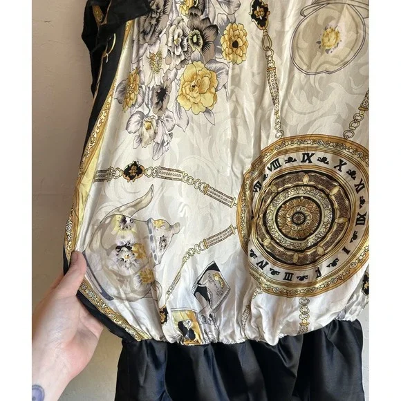 Y2K Cache 100% Silk Blouson Tunic Top M Tea Pot Print Baroque Chain Draped - Picture 8 of 12